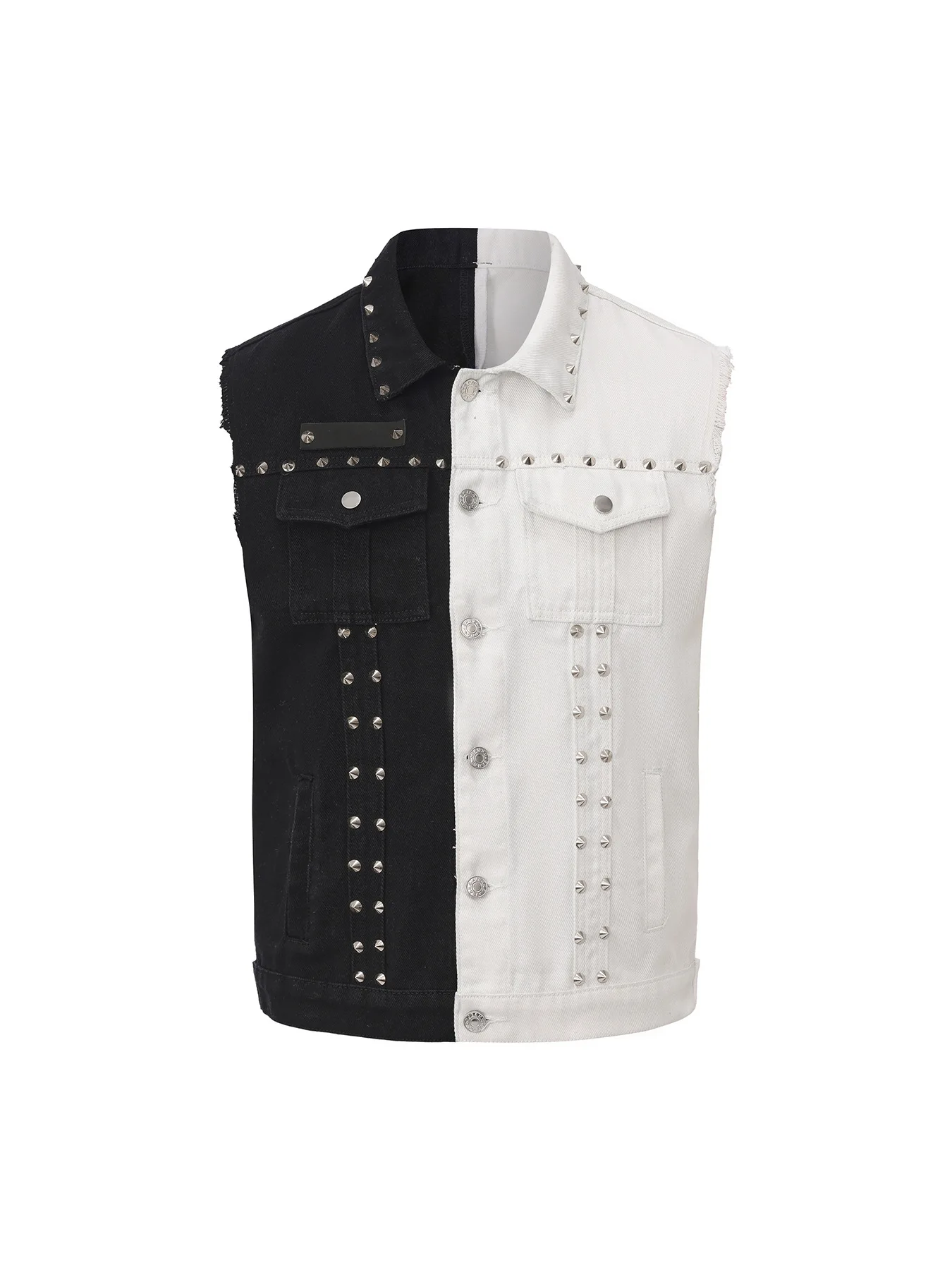 Chaleco vaquero estilo punk para hombre con remaches, chaleco de mezclilla de moda urbana, chaqueta con mangas con parches en blanco y negro