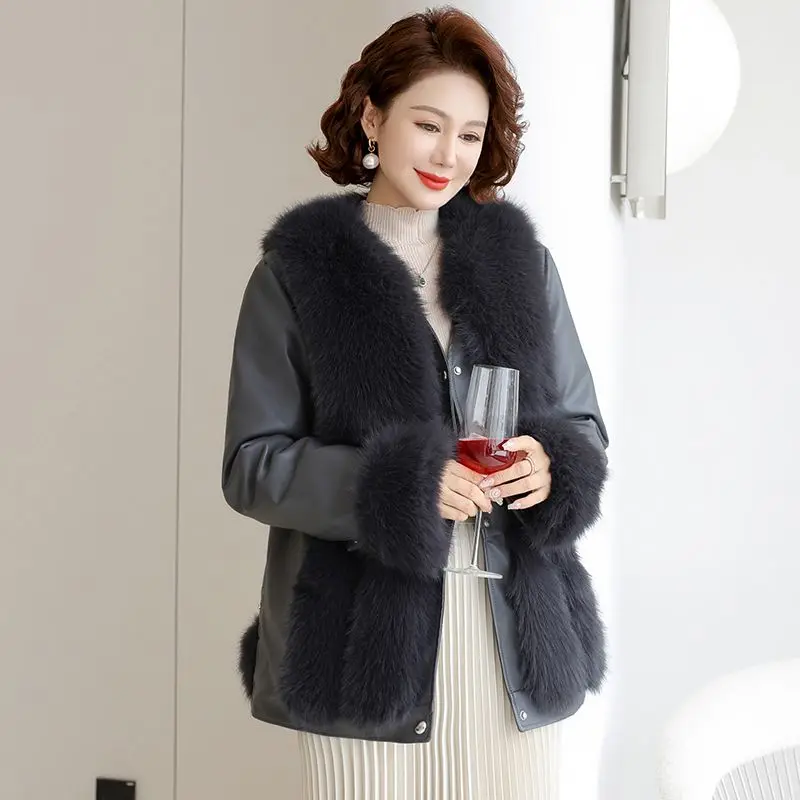 Damski płaszcz zimowy z futrem na rok 2025, luźny, zintegrowany futrzany, imitacja futra, kurtka bawełniana.