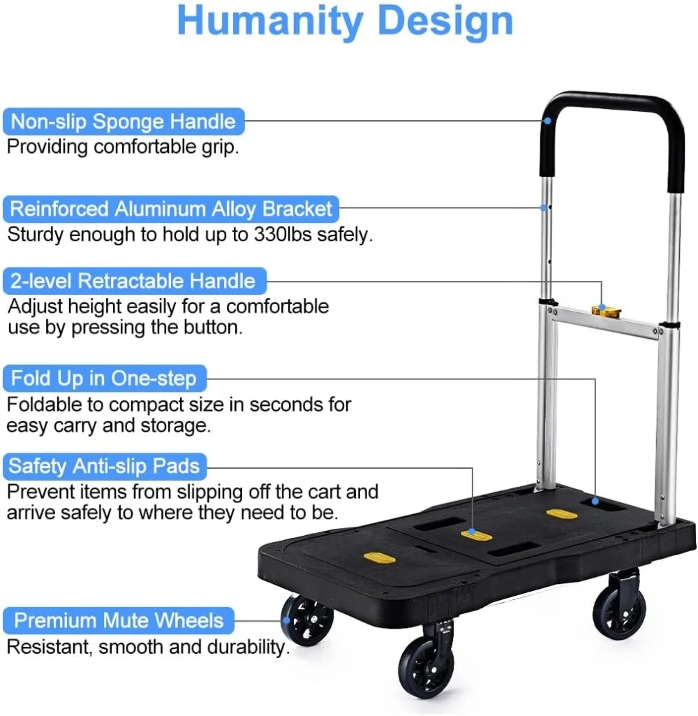 Folding Hand Truck Portable Utility Dolly Platform Cart with Adjustable Handle for Auto Luggage Personal Travel Moving Shopping