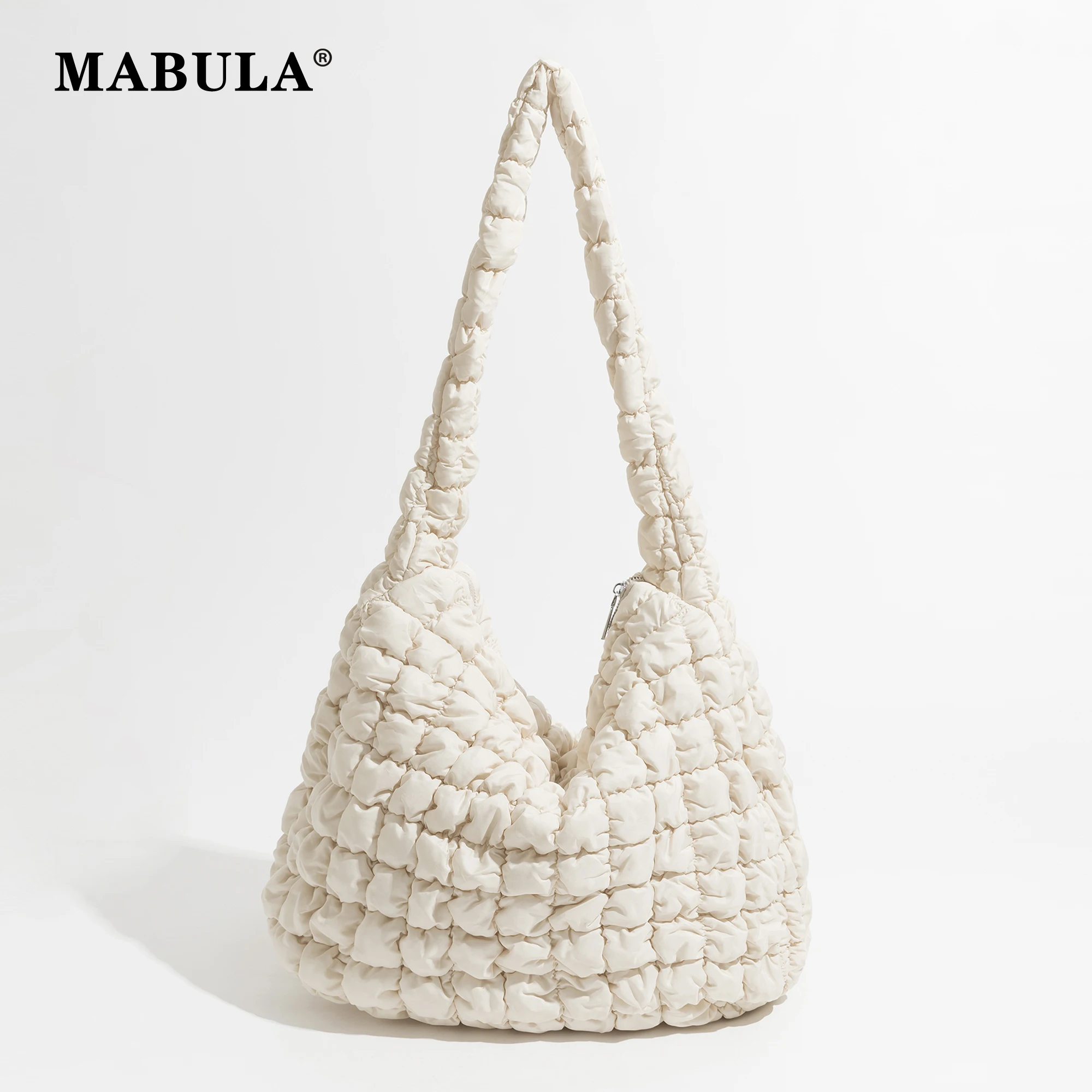 MABULA White Korean Bubble Cross Body Hobo Padded Bag Women\'s Feather Down Quilted Dumpling Big Messenger Purse Shoulder Handbag