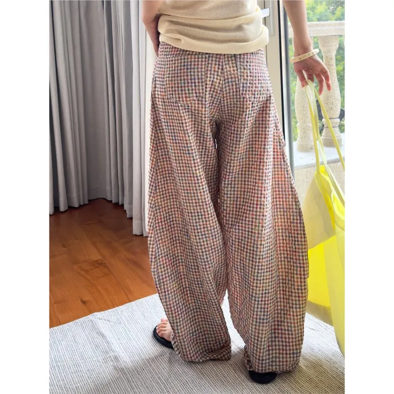 B-TOTO Summer New Japanese Plaid High Waist Design Flax Curved Wide Leg Casual Style Fabric Light Breathable Silhouette Trousers