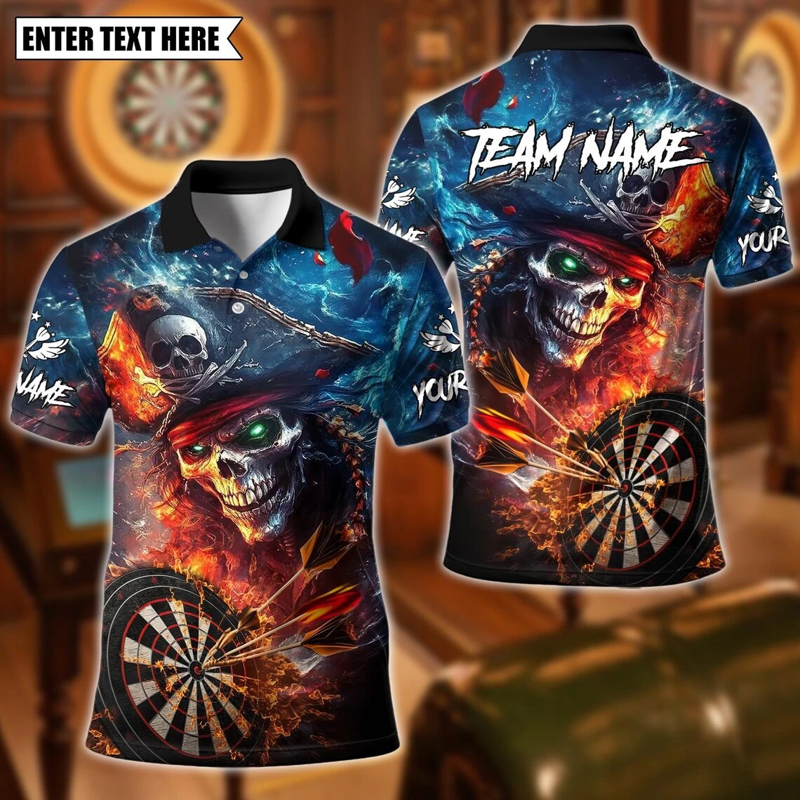 Custom Name Pirate Skull Darts Polo Shirt 3D Print Personalized Team Name Short Sleeve Jersey For Dart Players Birthday Gift Tee