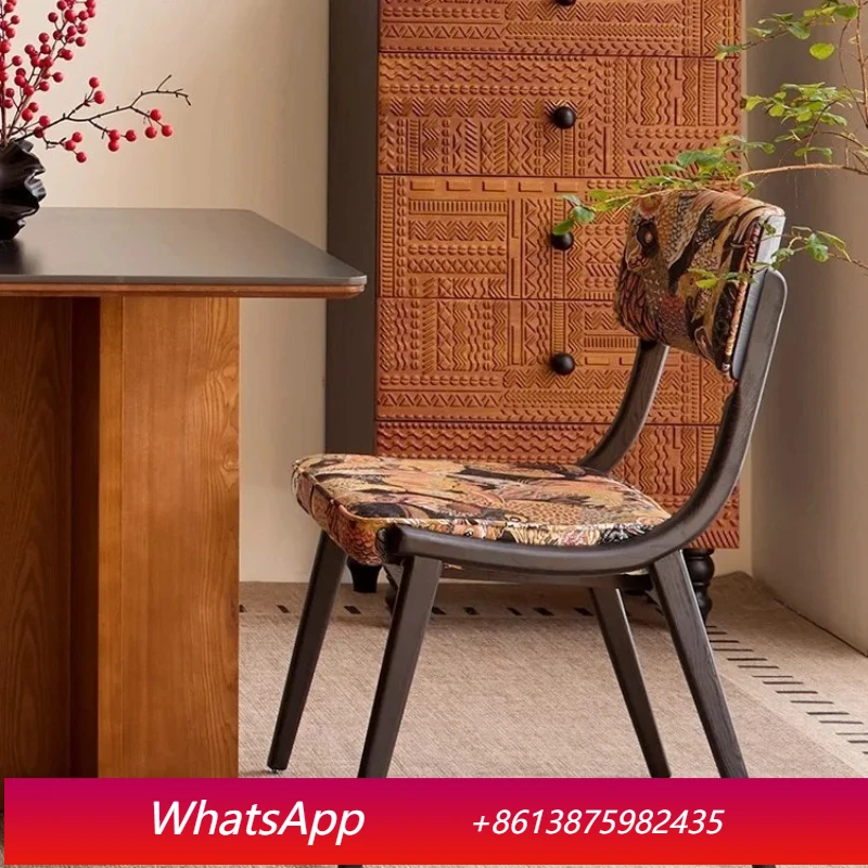 

LT antique solid wood dining chair household retro jacquard back chair fabric makeup chair