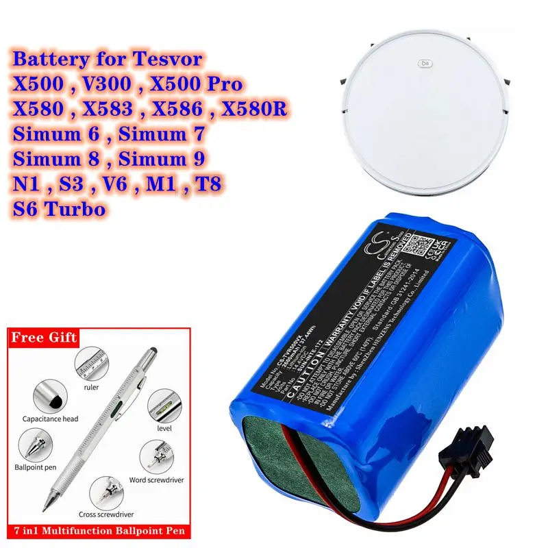 Robot Vacuum Cleaner Battery 14.4V/2600mAh for Tesvor V300,X500/Pro,X580,X583,X586,X580R,Simum 6/7/8/9,N1,S3,V6,M1,S6 Turbo,T8