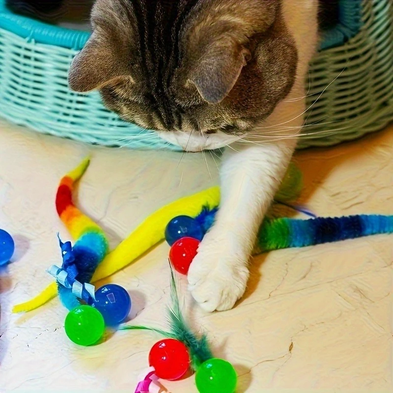 3pcs Mixed Color Elastic Cat Toys,Caterpillar Jumping Ball,Caterpillar Teasing Stick Accessories,Cat Soothing and Teasing Tool