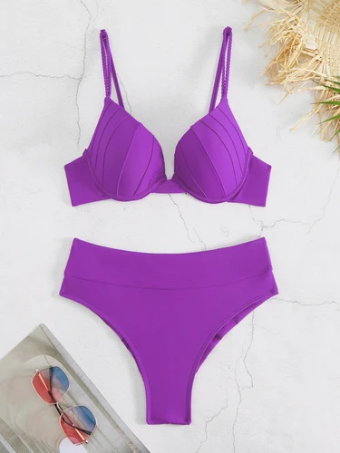 Imagen 2 del producto Bikinis Push Up baratos, trajes de baño para mujer, traje de baño acolchado liso para mujer, traje de baño Vintage para mujer, bikini de cintura alta, traje de baño
