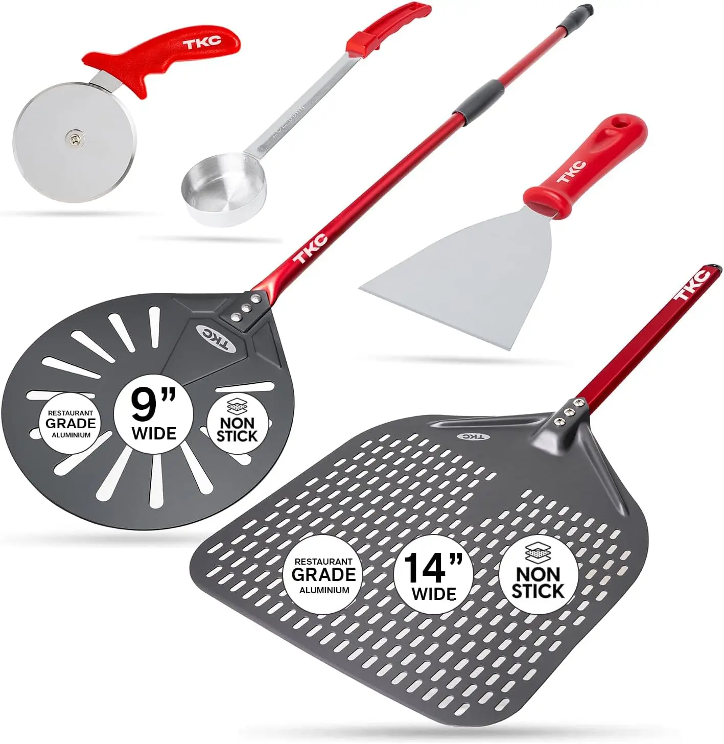 

Perforated Pizza Peel Bundle with 14 Inch XL Peel and 9 inch Pizza Turning Peel Ultimate Set with Dough Cutter, Pizza Cutter