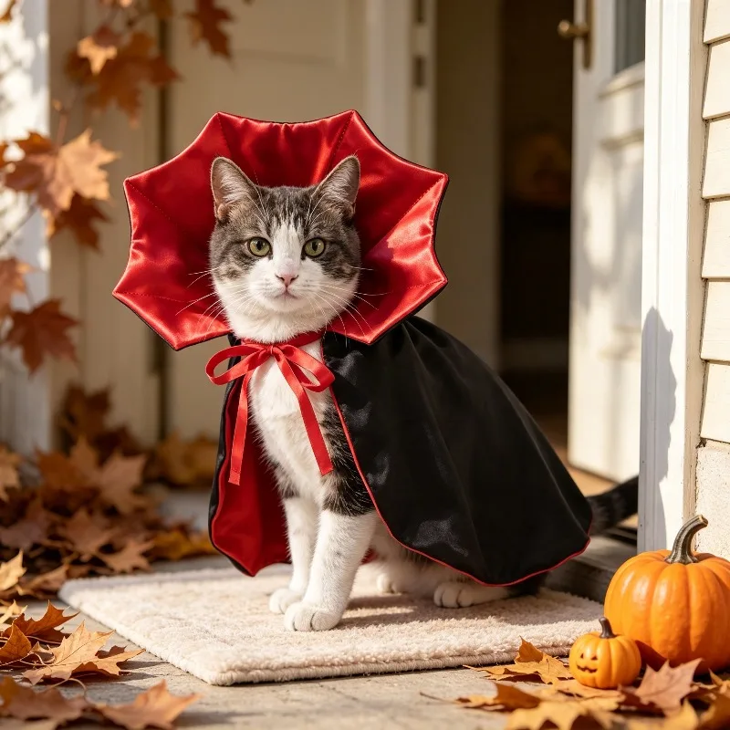 Cat wearing a Halloween pumpkin cape and wizard hat