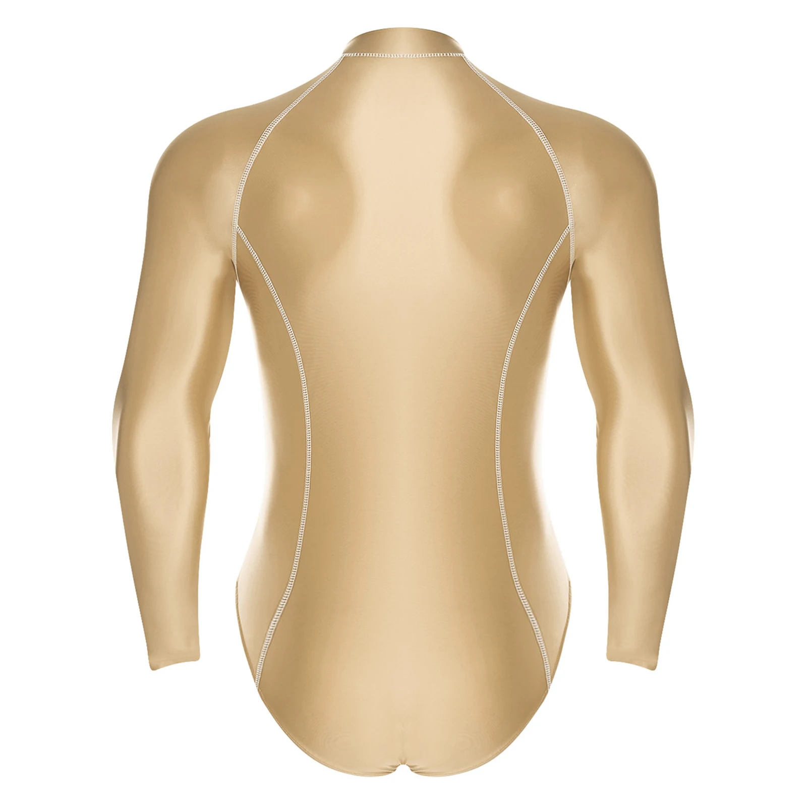 Herren-Badeanzug mit Glanzoptik, Rash Guard Schwimmanzug mit Langen Ärmeln, Frontreißverschluss, Hochgeschnittener Leotard-Jumpsuit für Surfen und Schwimmen – Detail 16