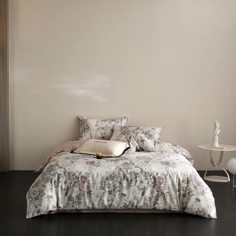 French Vintage Floral Castle Printed 60S Egyptian Cotton 4Pcs Bedding Set Family size Duvet Cover Bed sheet Pillowcases
