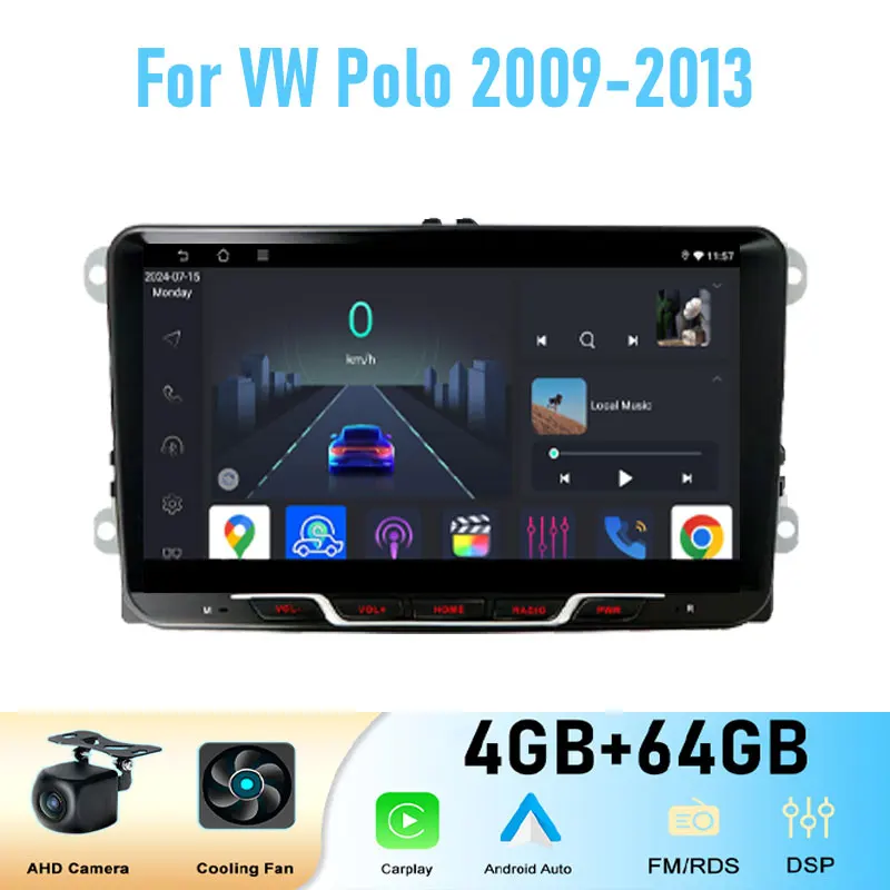 9 ''para vw polo 2009-2013 64gb rádio do carro sem fio android 15 gps unidade principal carplay sistema inteligente navi wifi bt google mapa