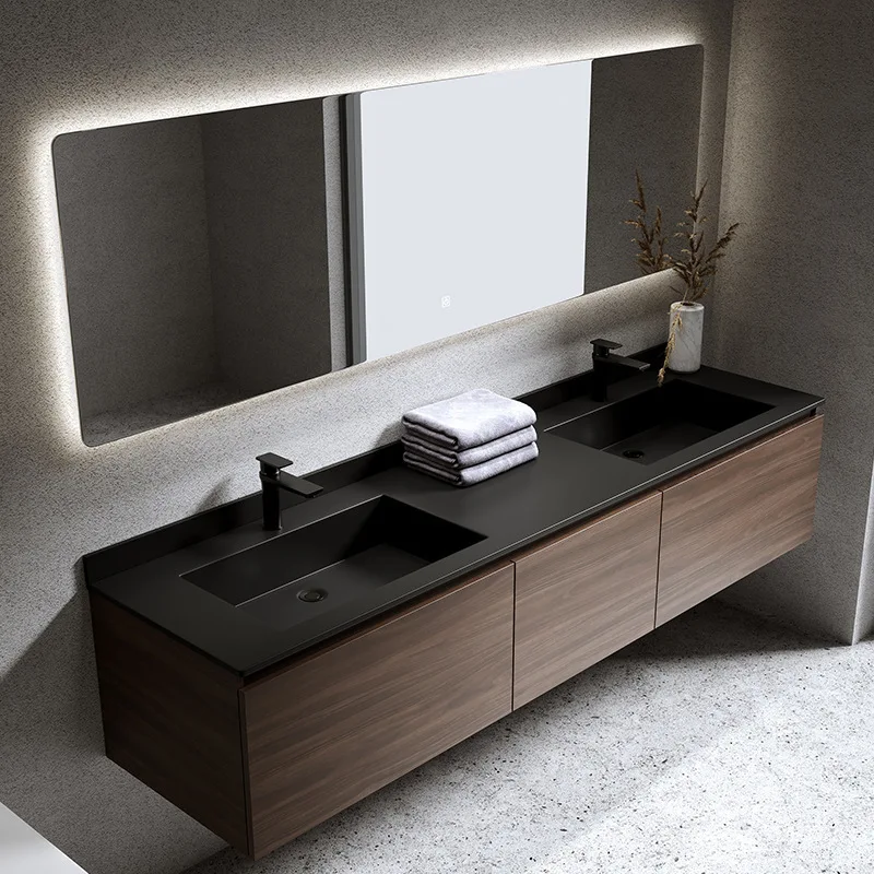 

Light luxury rock board bathroom cabinet combination dual basin washbasin modern Nordic wash basin oak wood grain walnut color