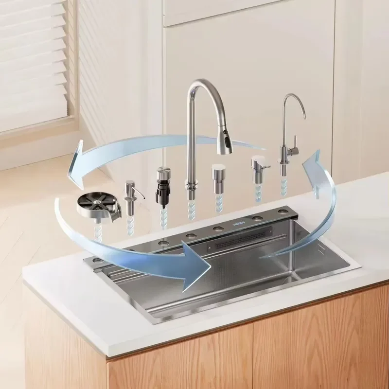 Smart Brushed Stainless Steel Kitchen Sink Faucet with Nano Surface Waterfall Spout Large Single Bowl Bar Sink Knob Drain and