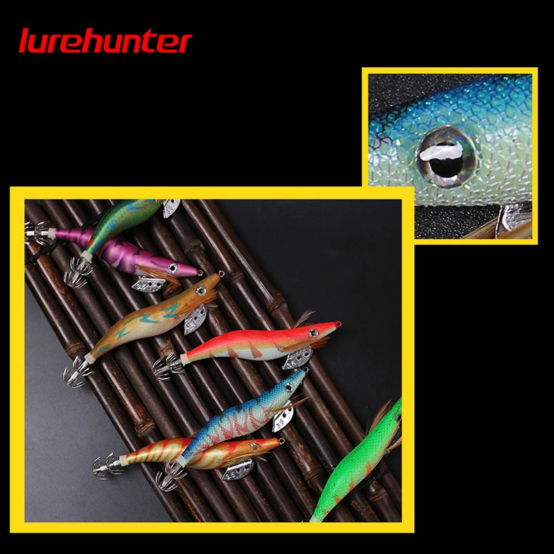 10PCS With Shrimp Bag 3D Printing 3.0 Hook Luminous Squid Jig Fishing Wood Shrimp Lure Squid Cuttlefish Jigs Lures