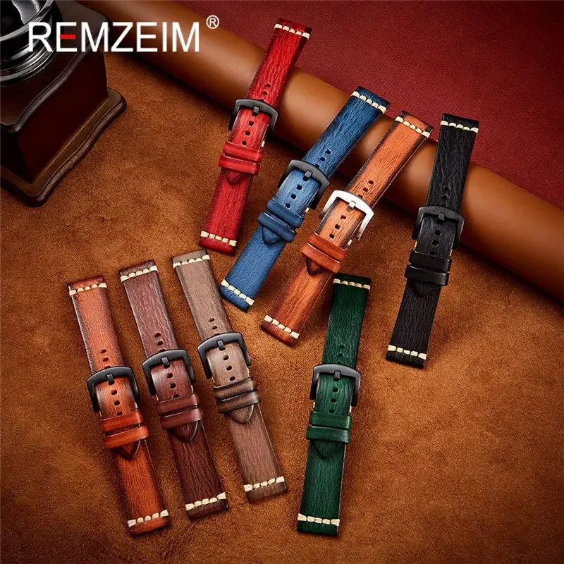 REMZEIM 18mm 20mm 22mm 24mm Handmade High Quality Leather Watch Strap Vintage Vegetable Tanned Leather Watch Band Watch Band