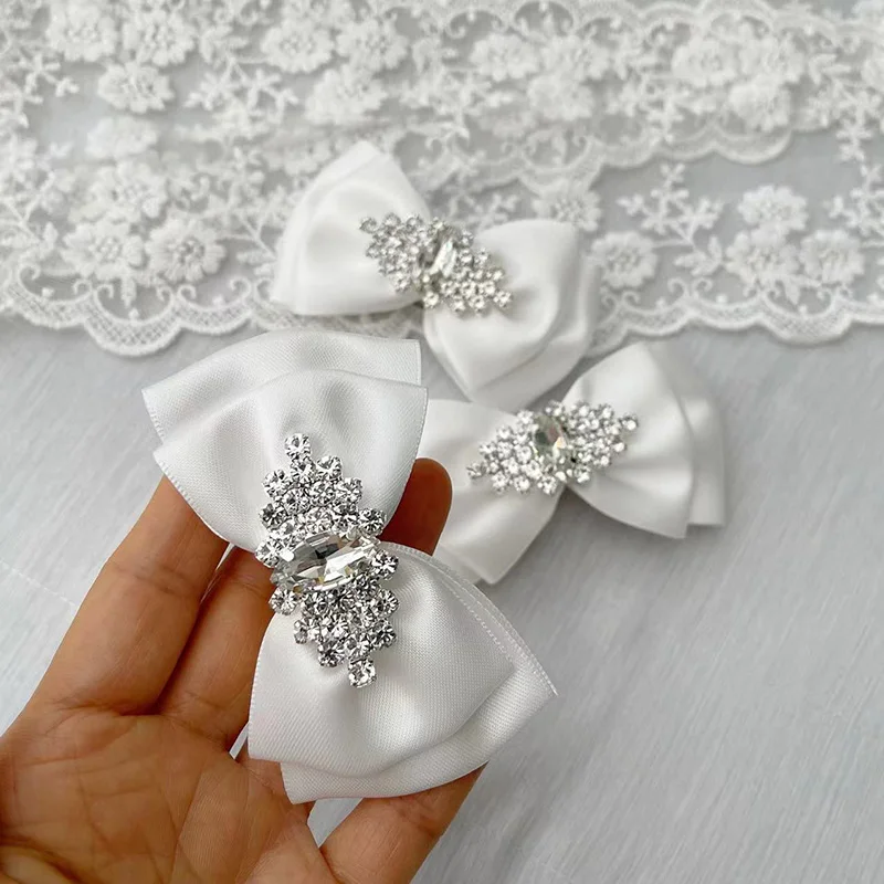 Off White Communion Baptism Bow Rhinestone Center Baby Girl Hair Clips