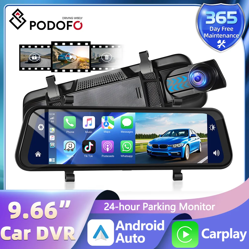 

Podofo 9.66" High Definition Screen Carplay Android Auto Car In-Mirror Mounted Video Player Suppport Rear Camera Voice Control