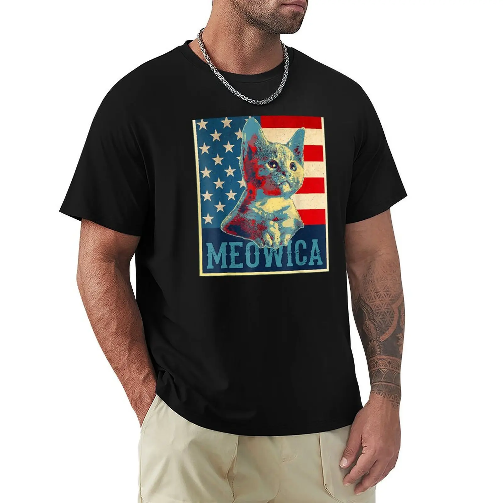 4th of July Meowica Kitty Cat T-Shirt Durable Work Wear T-Shirt