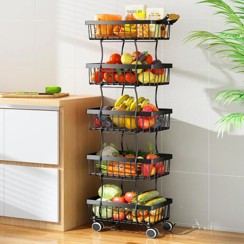 

5 Tier Fruit Basket for Kitchen, Stackable Fruit and Vegetable Wire Basket with Wheels for Banana Onions and Potatoes Storage