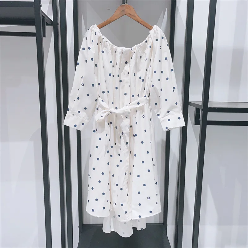 

Dress for Women 2024 New Spring Summer Dot Printed Slash Neck Loose Casual Lace-up Long Sleeve Robes