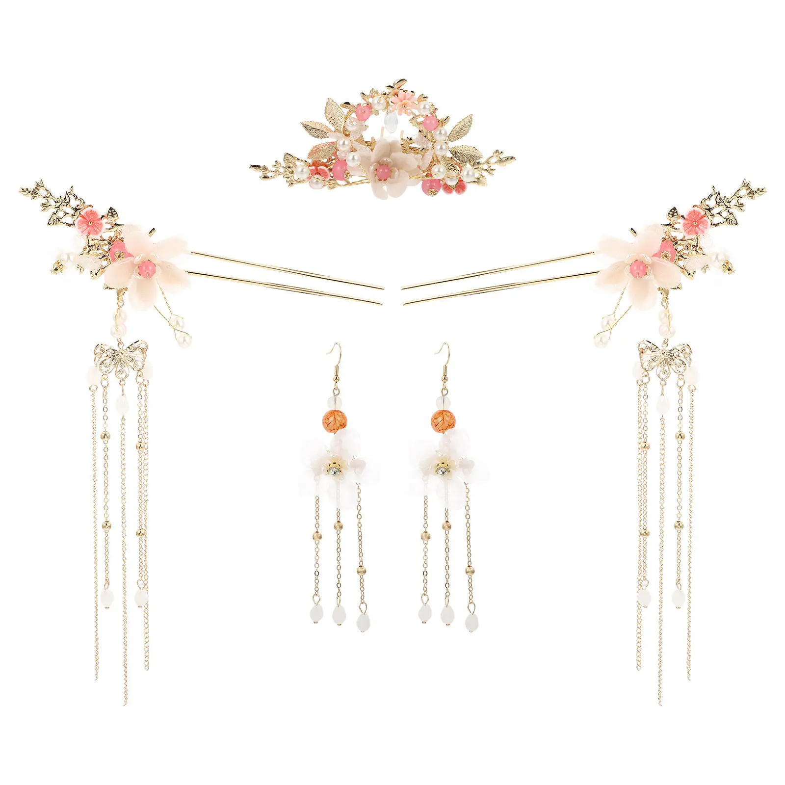 

Набор аксессуаров для волос в стиле Ханьфу с длинными кисточками: полный комплект головного убора с заколкой, гребнем и серьгами для культурных мероприятий, косплея, свадеб