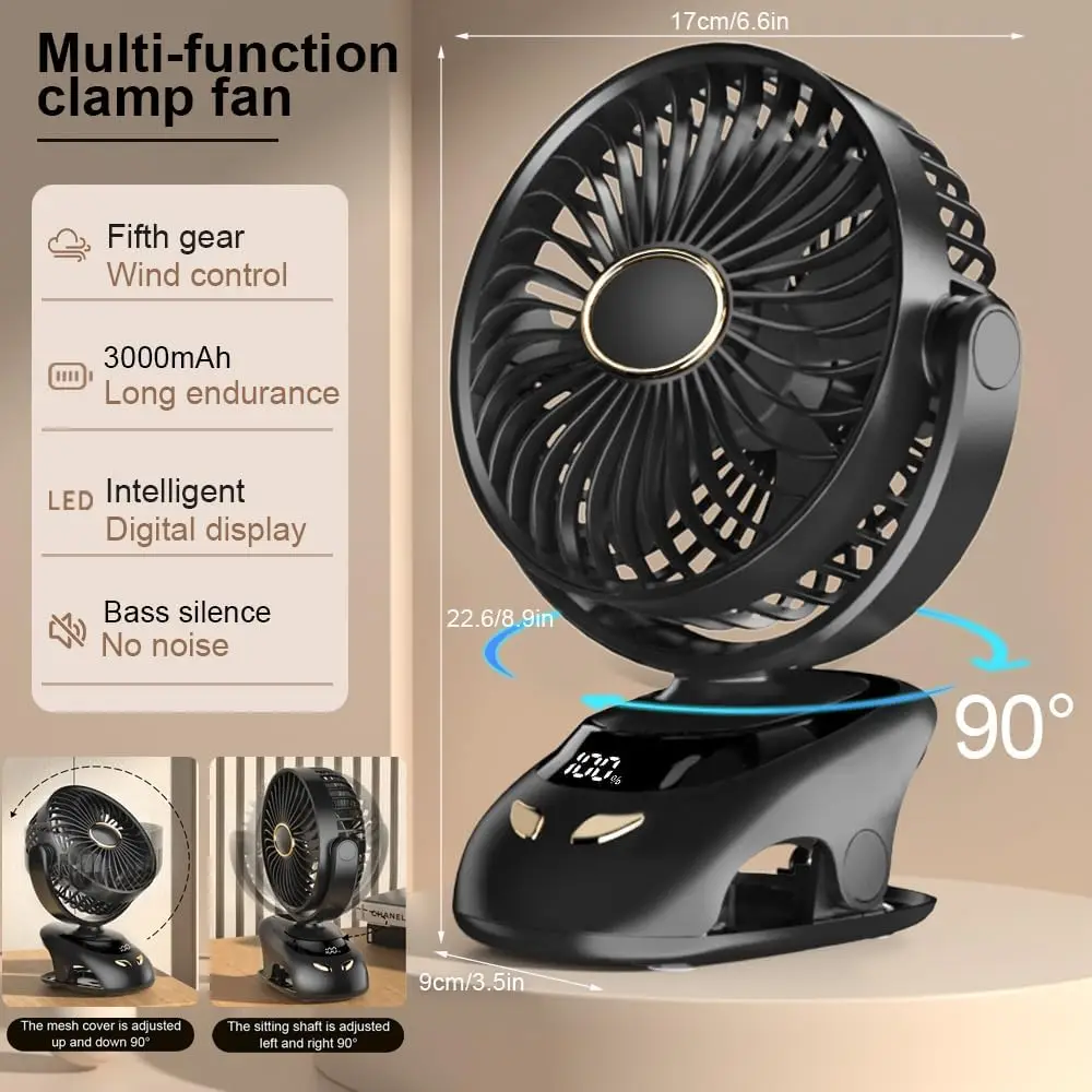 Petit ventilateur de bureau portable à clipser, USB personnalisé, pour la maison, le bureau, le voyage, le lit, la poussette, le camping, la voiturette de golf en plein air