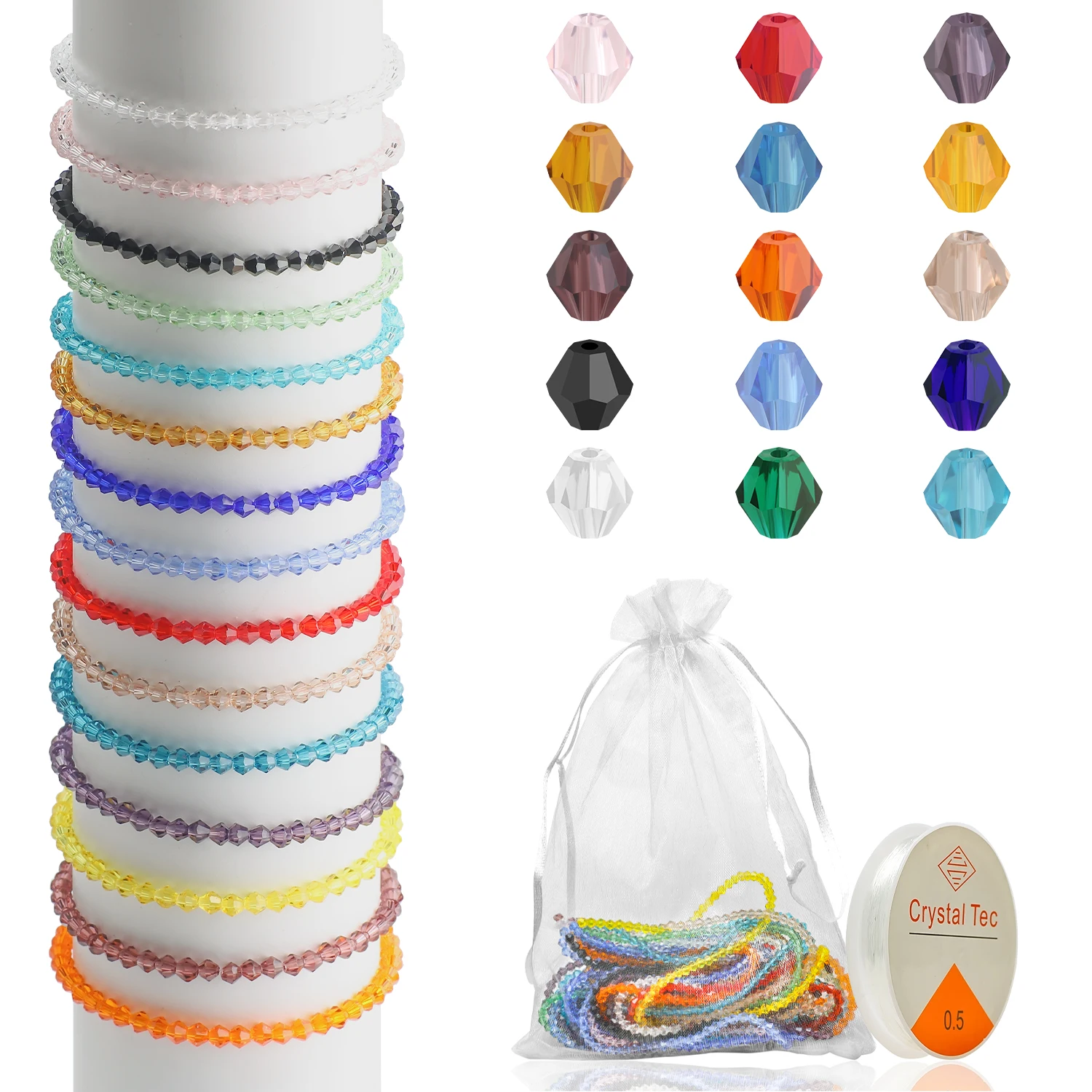 15Colors 3mm Faceted Bicone Crystal Glass Beaded for Jewelry Making Faceted Beads with Elastic Cord for DIY Bracelets Accessory