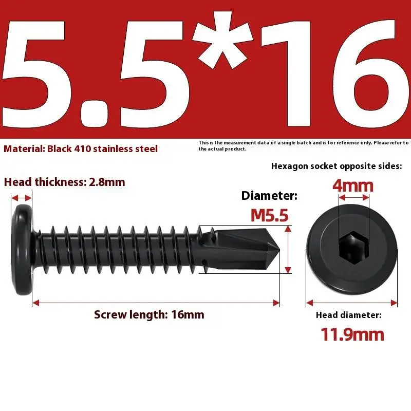 Parafusos de zinco preto autoperfurantes, conjunto de 10 peças, tampa sextavada de cabeça plana M5.5, perfeita para rosquear chapa metálica.