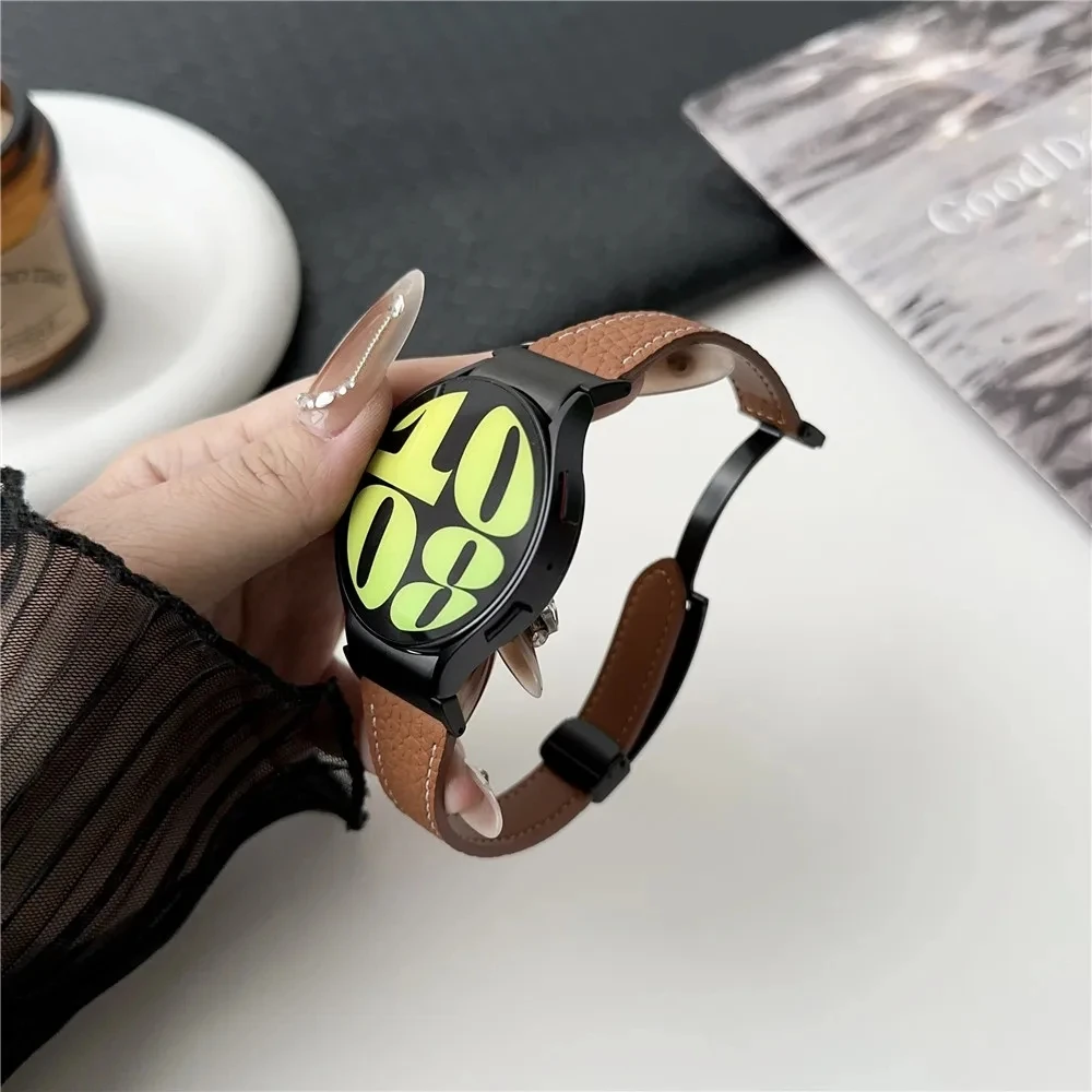 Geen Gaten Lederen Band Voor Samsuang Galaxy Horloge 6 5 4 40 44Mm Snel Fit Magnetische Gesp Band Voor Galaxy Watch6 4 Classic 43 47Mm