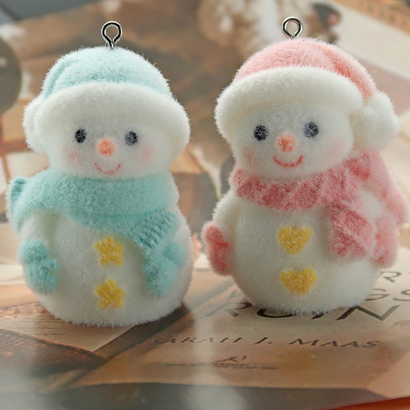 Cartoon Cute Flocking Resin Christmas Snowman Santa Claus Pendant For DIY Keychain Charms Bag Decoration Jewelry Accessories