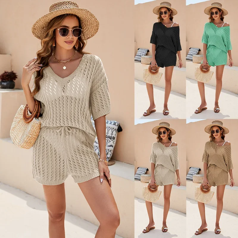 

Two Piece Suit Women Knitted Shorts Set Summer Hollow Out V Neck Short Sleeve Pullover Tops Knitting Short Pant Beach Suits