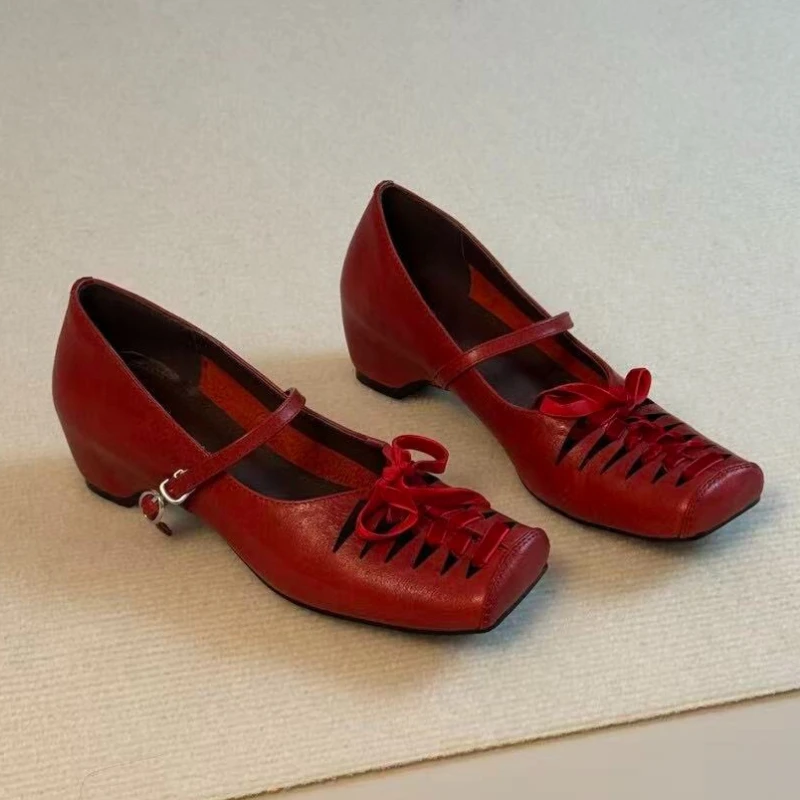 

Square Toe Heeled Women Shoes Mid Heels Shallow Shoes Hollow Lace Up Sandals Summer 2026 Fad Pumps Dress Party Mujer Zapatillas