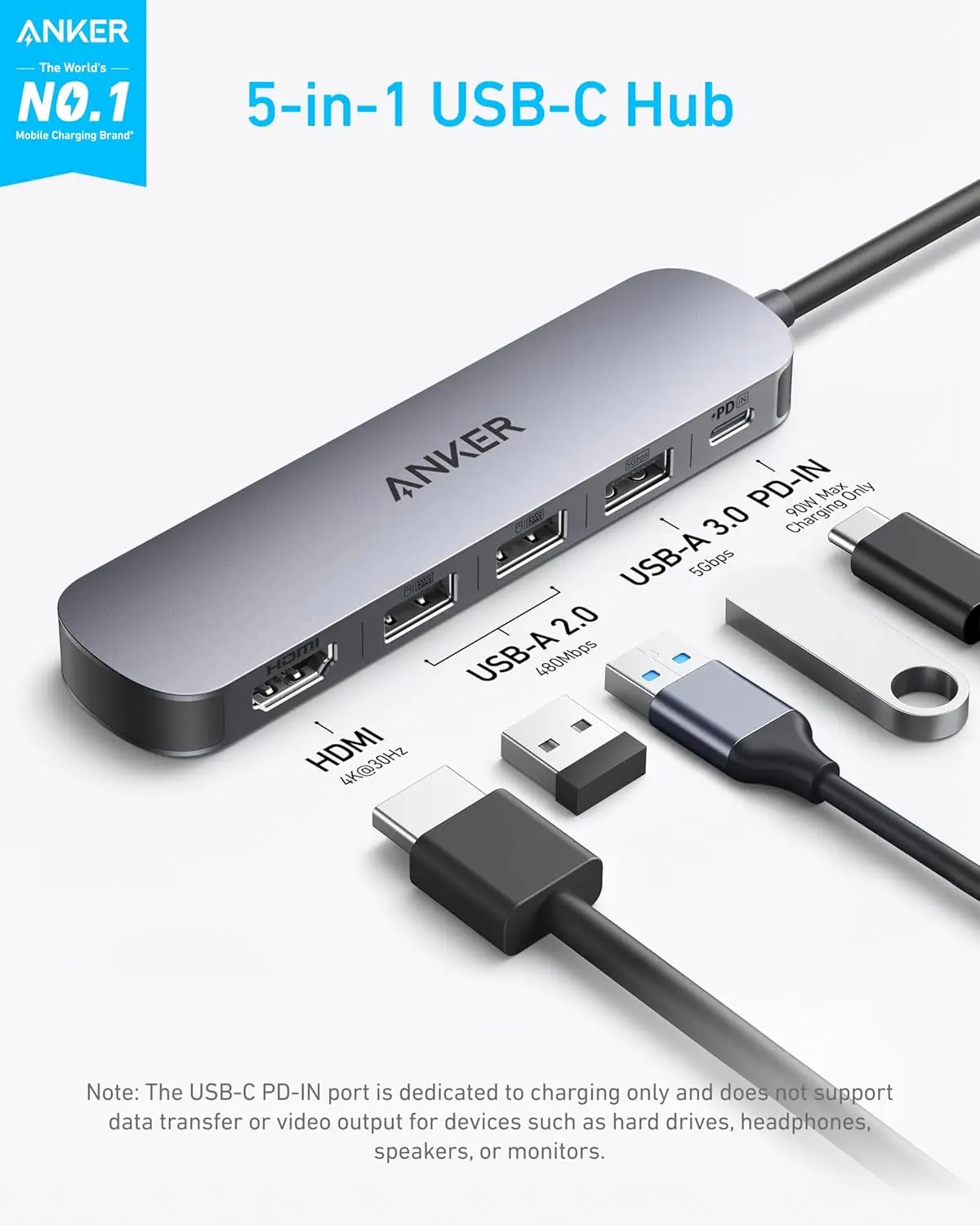Anker USB-C Hub, 5-in-1 USB Hub for Laptops, 4K HDMI Multiport Adapter,3×5Gbps USB A Data Ports, for MacBook, Dell, and More