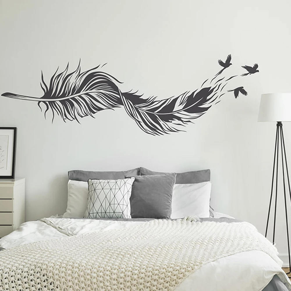 Cartoon Curved Feather with Flying Bird Freedom Wall Sticker Decal Dream Big Inspiral Love Bedroom Living Room Playroom