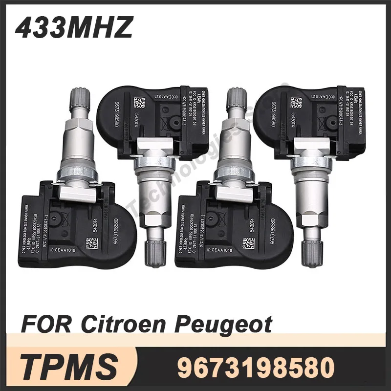 4PCS 433MHz TPMS Tire Pressure Monitoring Sensor For Citroen C4 C5 C6 C8 Peugeot 207 307 407 508 607 807 1007 9673198580