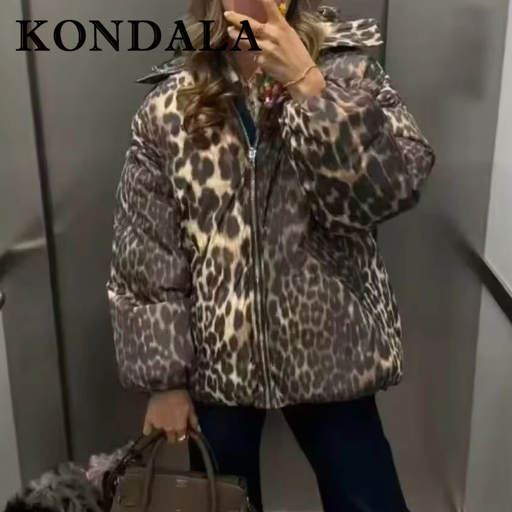 KONDALA Chic Brown Fashion 2025 Winter Leopard Hooded Mature High Street Woman Jackets Warm Streetwear Vintage Female Outwears