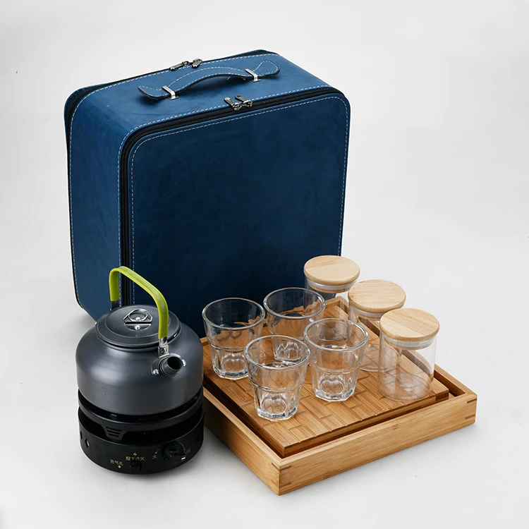 

Hot Sale Home Outdoor Camping Travel Coffee Tea Set New Design Glass Jar with Bamboo Melamine Tray for Stove