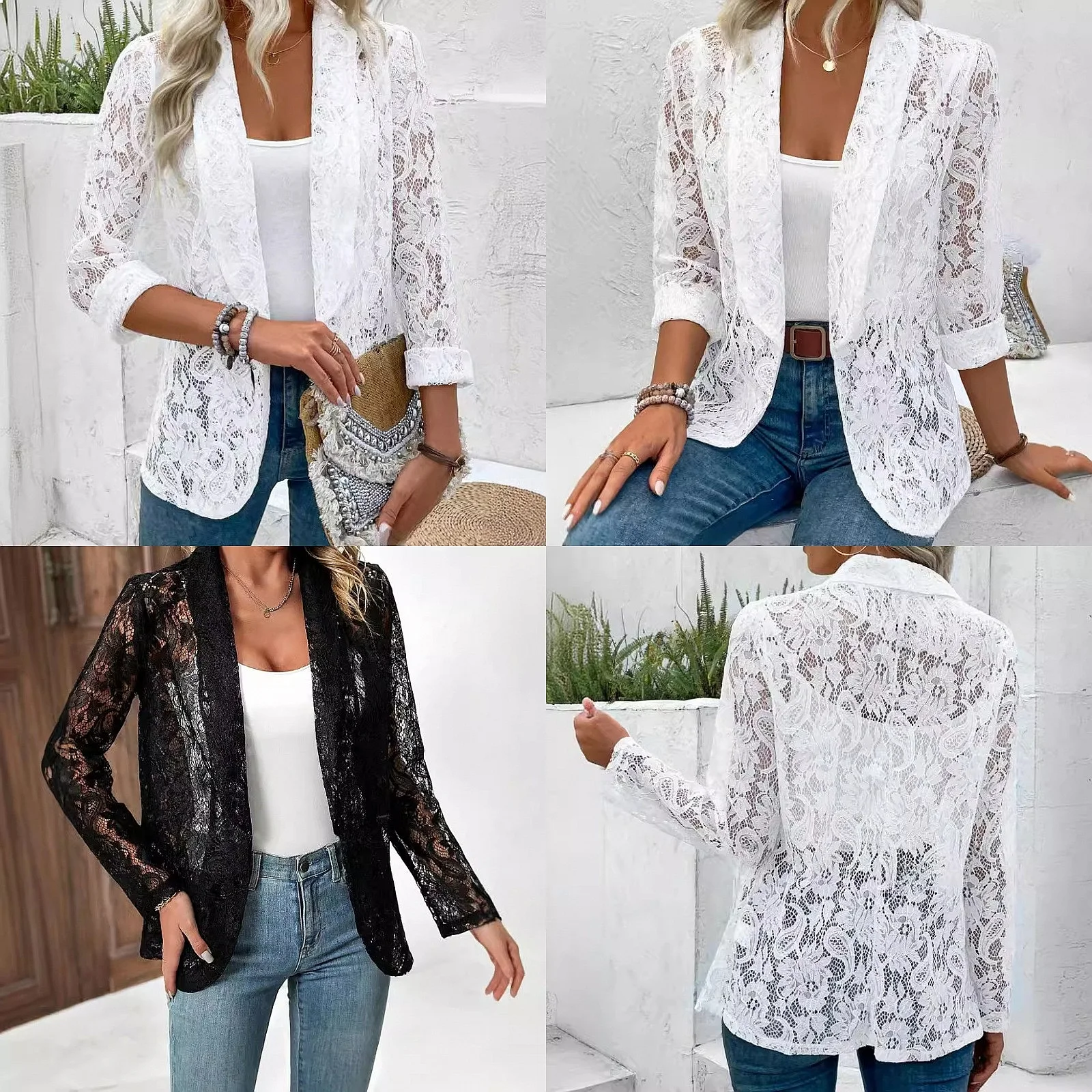 

Spring Summer Blazer Blazers Lace Shirt Blouse Top Outerwear Solid Color Casual Jacket