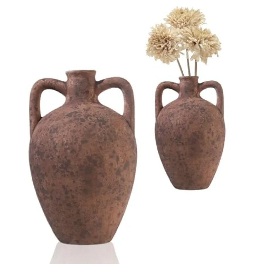 

11.8 Inch Rustic Brown Vase with Handles, Distressed Ceramic Amphora Vase for Pampas Grass, Mediterranean Farmhouse Table Mante