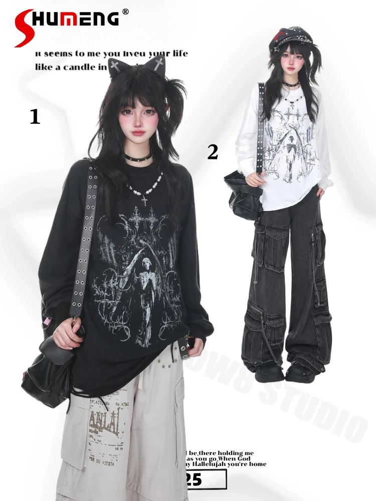 

Japanese Style Retro Subculture Graffiti Print Round Neck Beaded Chain Long Sleeve Loose Casual Pullover Sweatshirt Women Autumn
