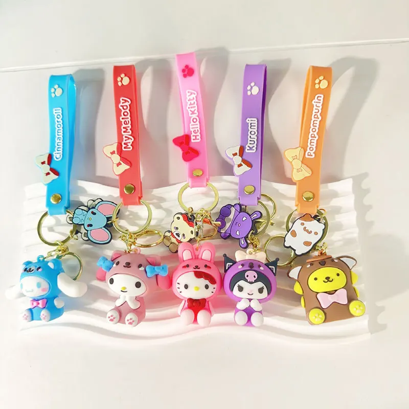 MINISO Sanrio Cute Girl Keychain Bag Pendant Pink Kuromi Melody Cinnamoroll Car Key Accessories Set Ring Backpack Holiday Gifts