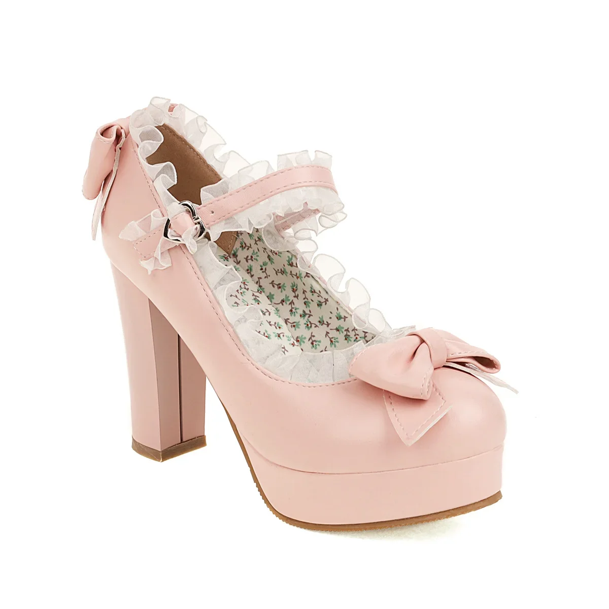 

Costume Women Lolita Mary Janes Shoes Round Toe Platform Sweet Bowk Buckle Strap Leather Pumps Princess Lace Edge High Heels