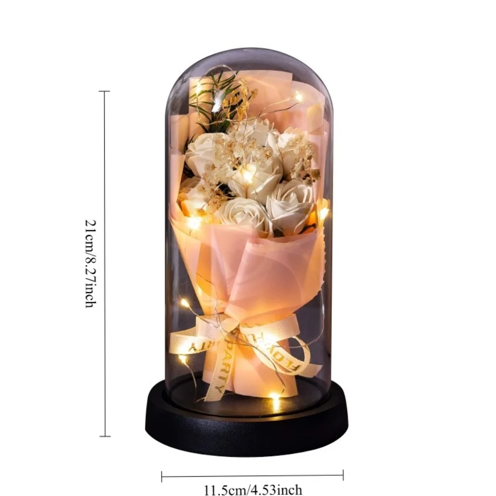 Cúpula de rosa eterna de tacto Real con luces LED, decoración romántica para el hogar, regalo de flores preservadas para boda, aniversario de San Valentín