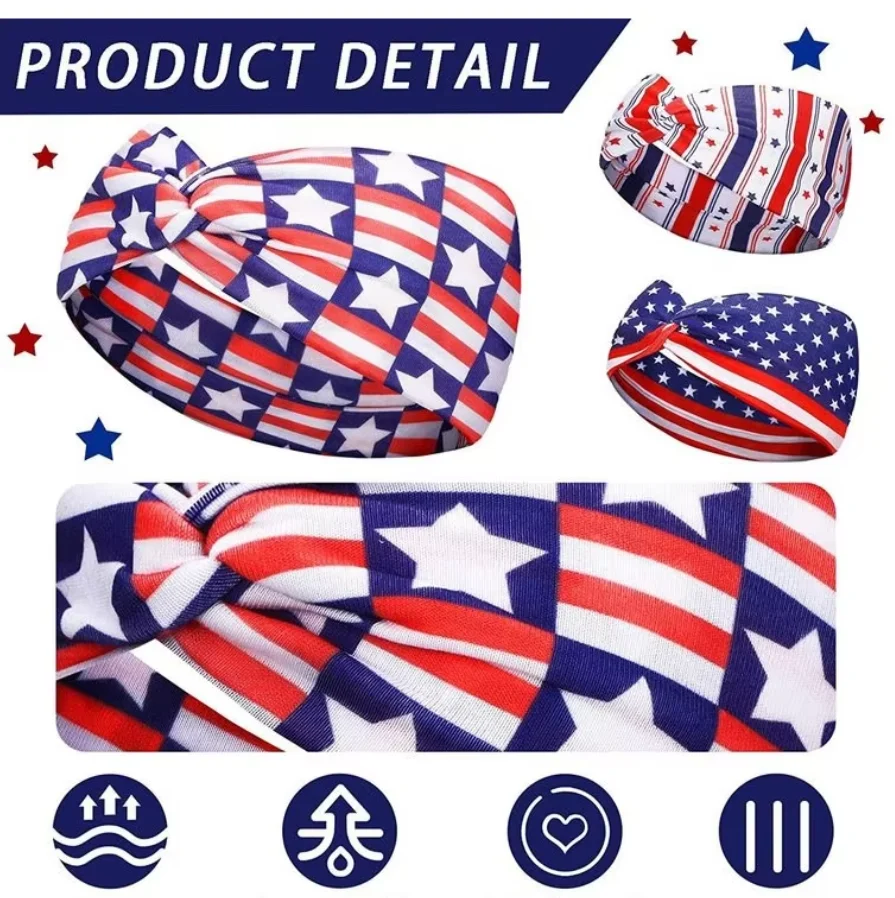 American Flag Independence Day Stars Retro Knotted Sweat-Absorbing Yoga Running Sports Decorative Party Headband Individually
