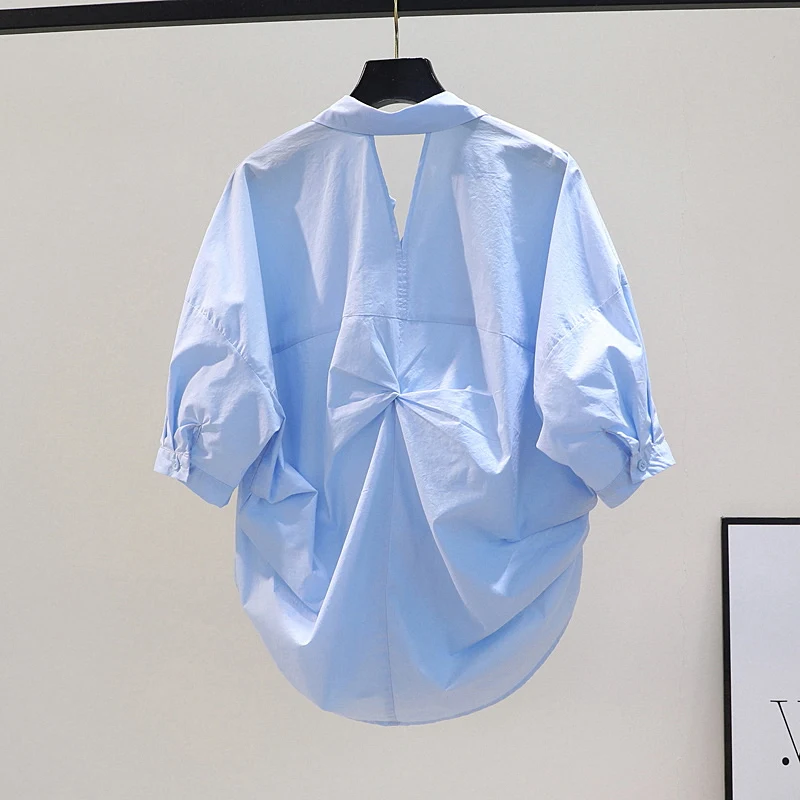

Summer New Korean Style Loose Cotton Shirt Women's Short Sleeve Pleated Fashionable Anti-Aging Top Design Sense