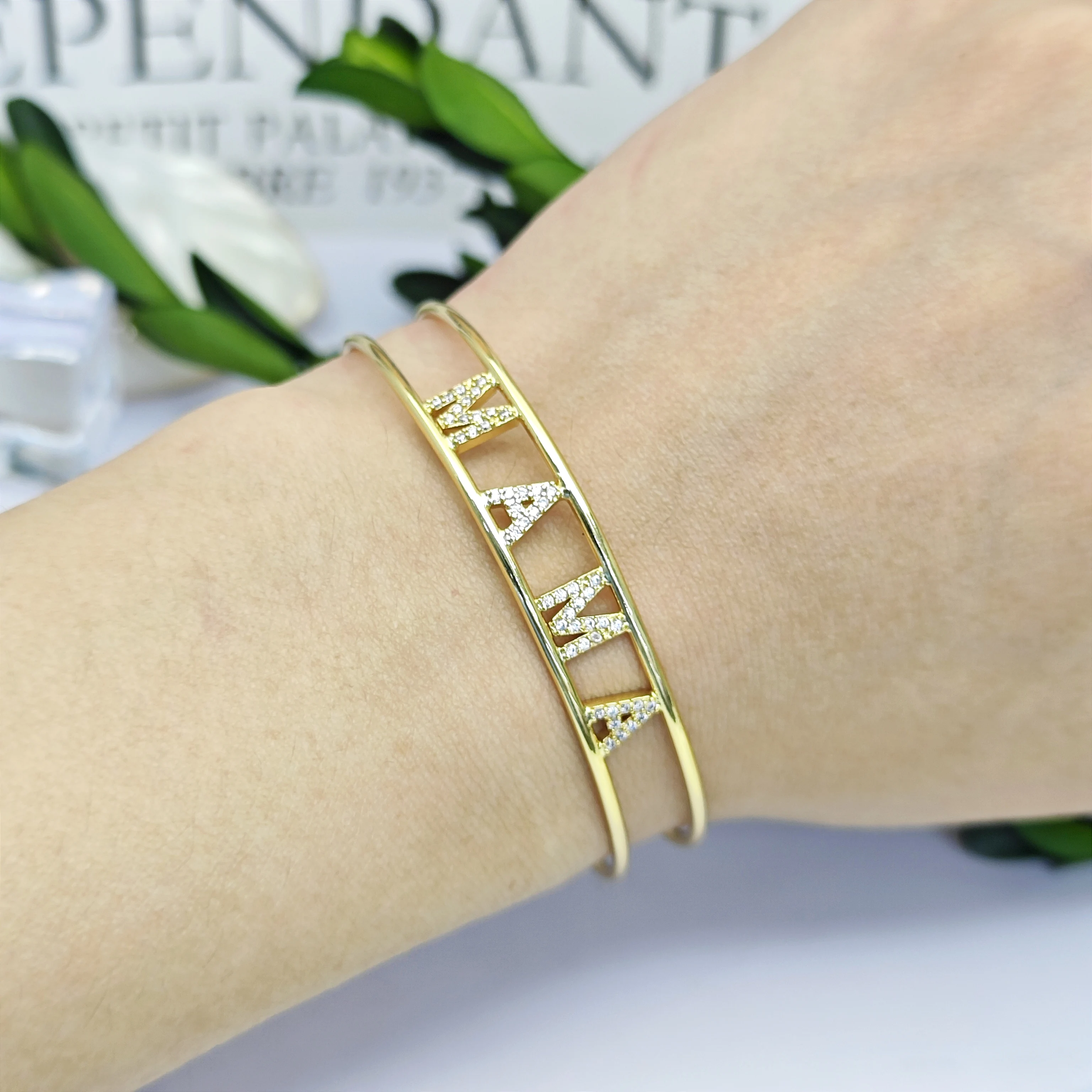 DOREMI Narrower Double Zircon Name Bangle Heart Charms Women Bangle Women Custom Exquisite 6mm Crystal Zircon Name Cuff Bangle