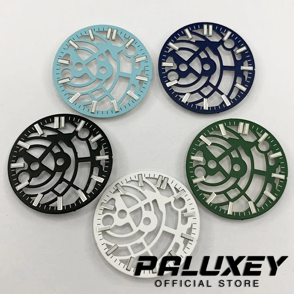 28.5mm NH70 중공 화이트 블랙 블루 그린 시계 다이얼 NH70 NH72 무브먼트 교체 부품 용 녹색 빛나는 시계 얼굴