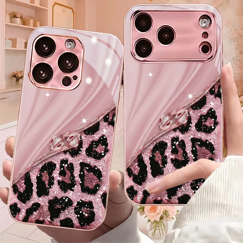 Funda para iPhone con diseño de serpiente y estampado de leopardo brillante, acabado electrochapado en color rosa, para los modelos iPhone 18, 17, 16, 15, 14, 13, 12, 11 Pro Max y 17 Air Plus. Cubierta de cristal.