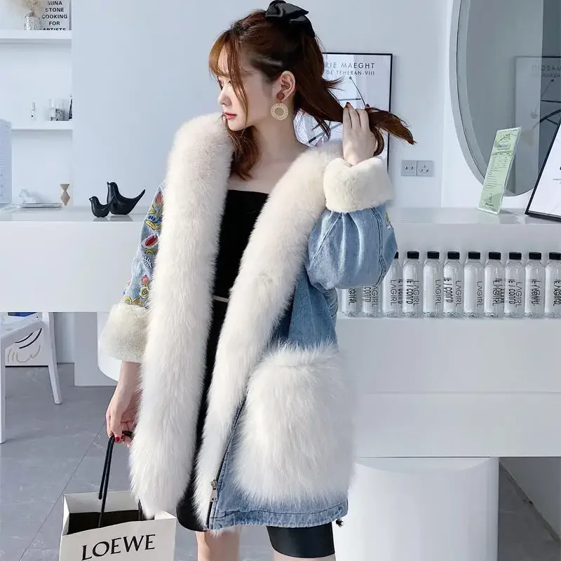 Women Winter Faux Fox Fur Collar Stitching Floral Embroidery Denim Jacket Mink Fur Liner Thickened Jeans Coat Parka Cardigan