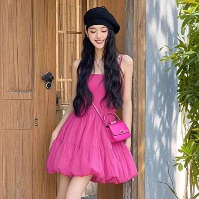 Verano 2025, vestido Midi Dr Pink ter Ne que se pega a la cintura para mujer, Material fino, sin marca, para ir al trabajo, pieza única